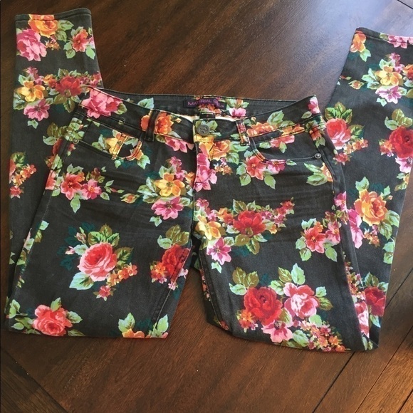 - Material Girl Floral Print on Black Denim Jeans - Picture 1 of 8